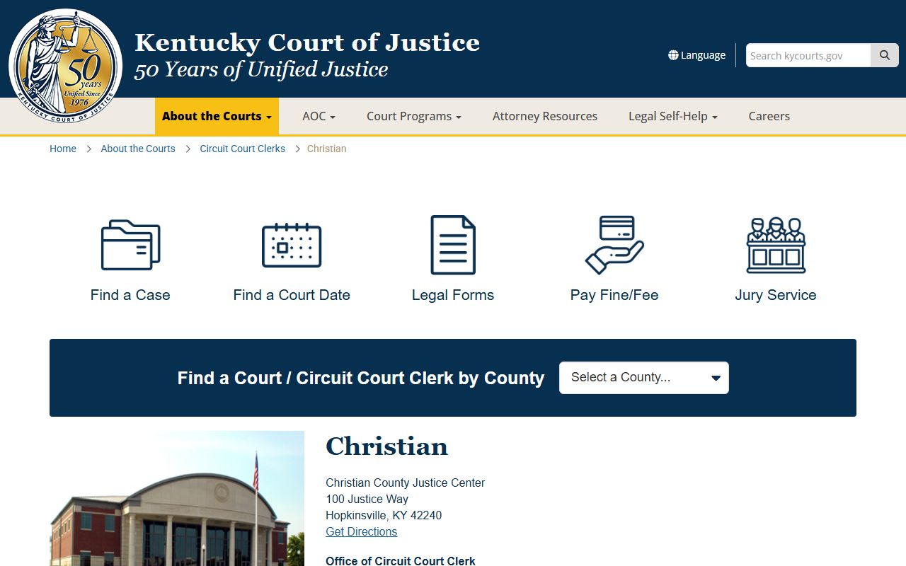 Christian County Justice Center in Hopkinsville Kentucky for divorce records