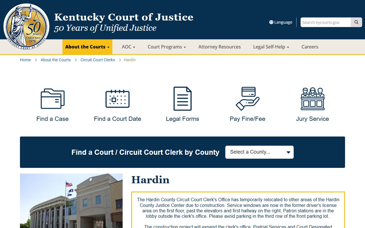 Hardin County Clerk and Circuit Court building in Elizabethtown, Kentucky where divorce records are filed and maintained